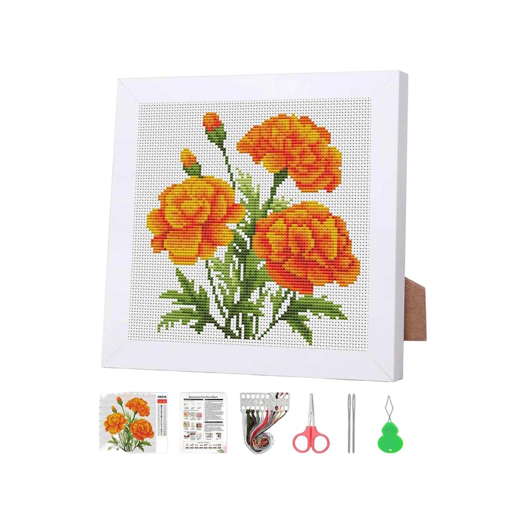 DIY Cross Stitch Kit with Floral Pattern Includes Fabric Needle Thread Scissors and Frame for Home Decoration and Craft Projects