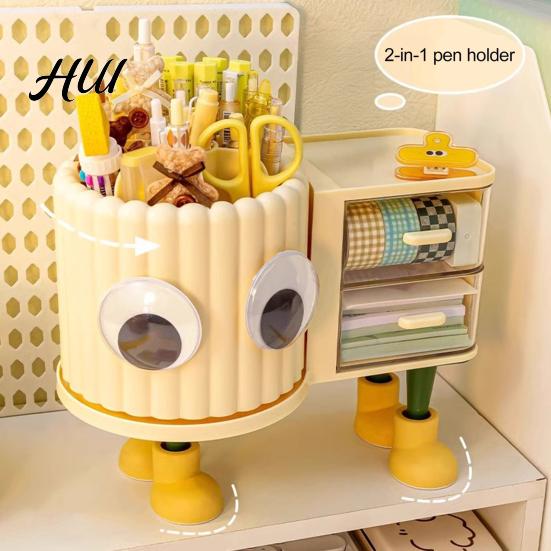 Children Stationery Organizer Cute Rotating Pen Holder with Drawer 2-in-1 Large Capacity Desktop Sorter for Kids Girls Multifunctional Storage