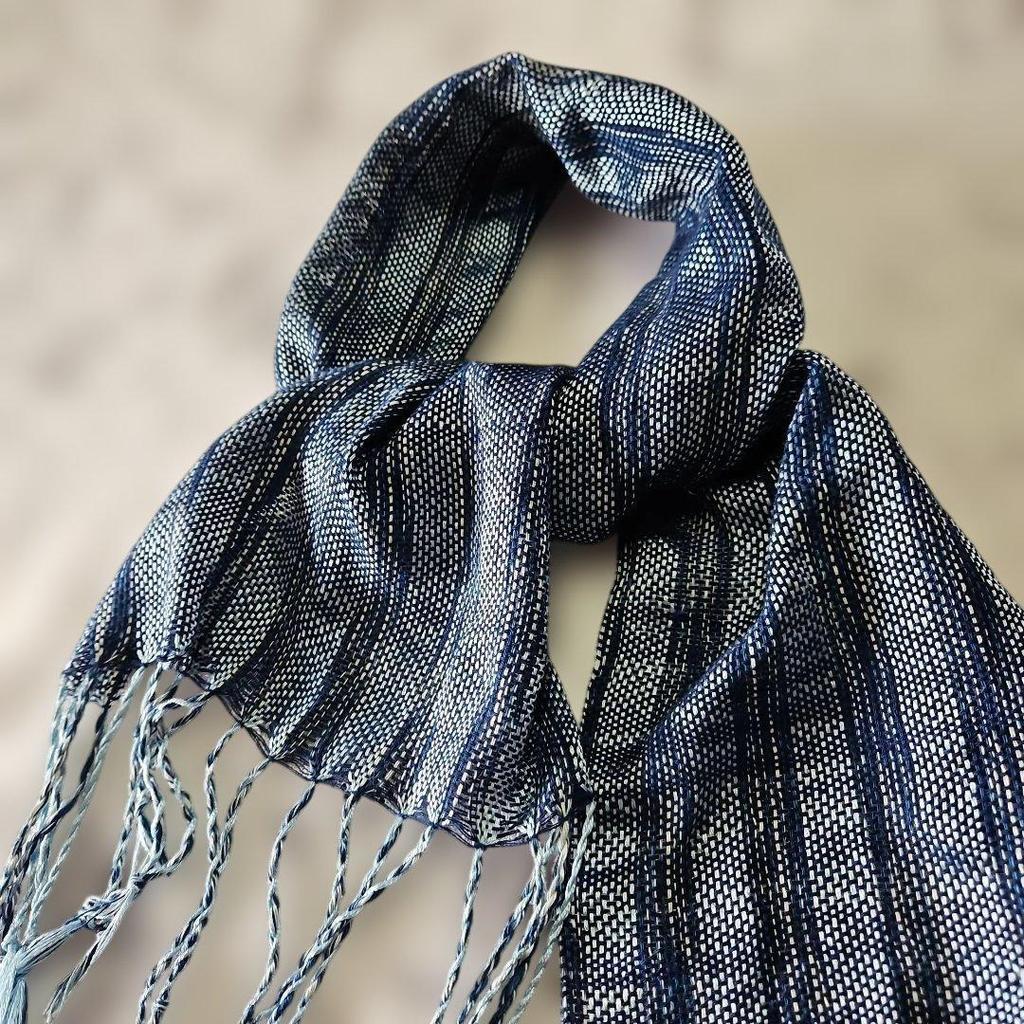 Used New, Indigo-dyed and light blue silk stole, approx. 28cm x 120cm