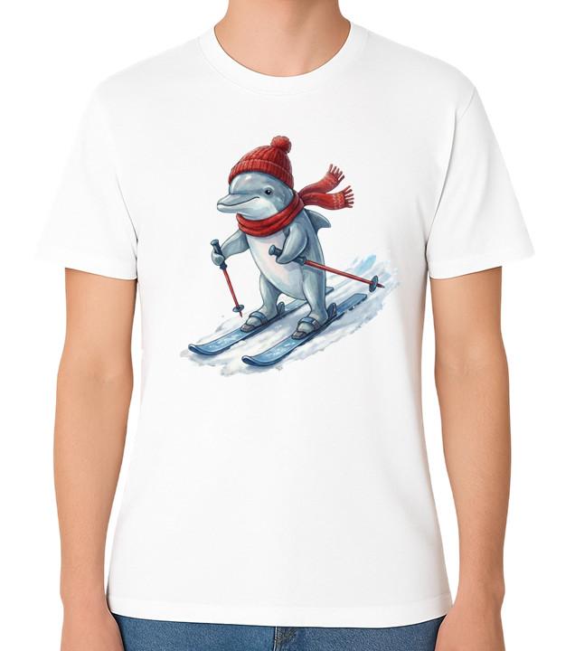 Skiing Dolphin T-Shirt Cute Winter Animal Snow Sports Graphic Unisex Tee S разноцветный