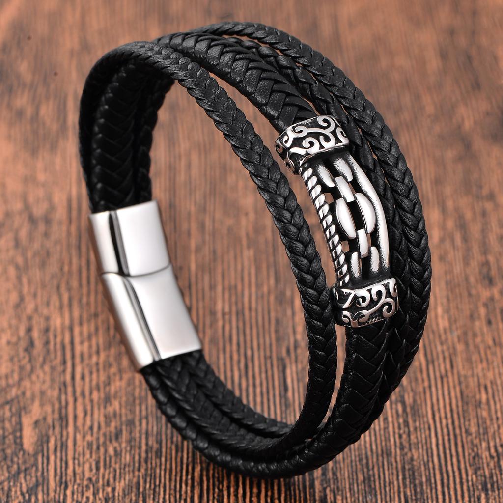 Black Leather Rope Cowhide Men's Double-layer Genuine Leather Woven Bracelet Handmade Multi-layer Leather Bracelet