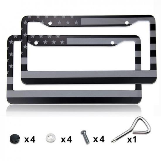 2pcs Metal US Flag Car License Plate Frames Front Rear Cover For Ford Accessory Black+Gray