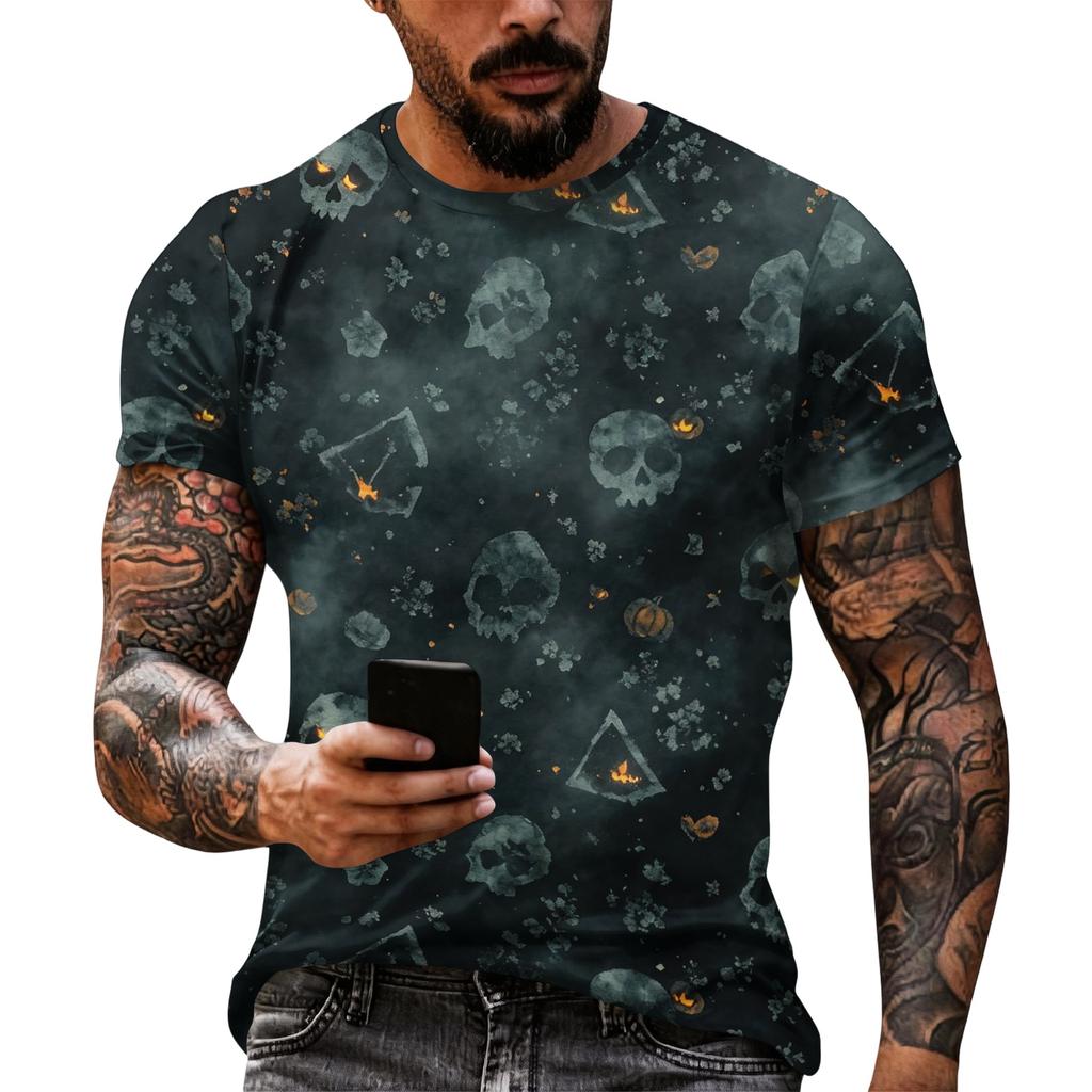Men's Halloween Print Short Sleeve T Shirt Loose Casual Summer Daily Top Crew Neck Comfortable Fit for Outdoor Indoor Wear
