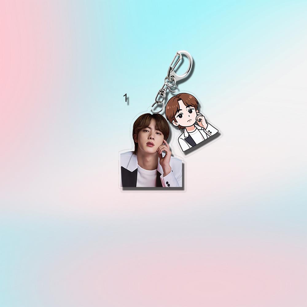 

Двойная брелок-подвеска BTS, Ключница с фото и мультяшным изображением Bangtan Boys в белом костюме, Подвеска на сумку для фанатов ARMY, Подвеска на сумку K-pop айдола для фанатов ARMY JIN