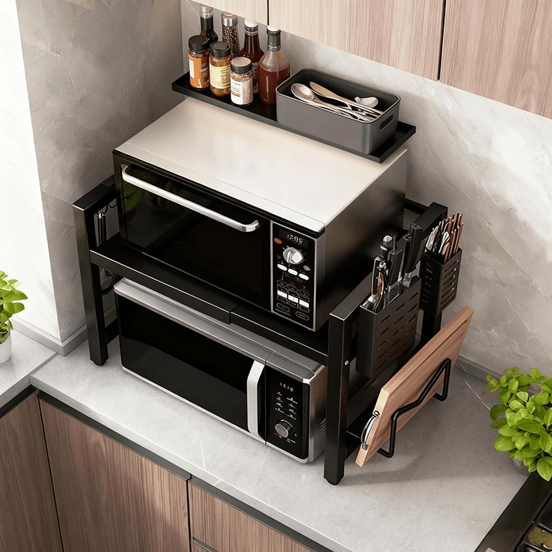 1pc Heavy-Duty Expandable Microwave Stand,Kitchen Storage Shelf,Adjustable 2-Tier Carbon Countertop Organizer