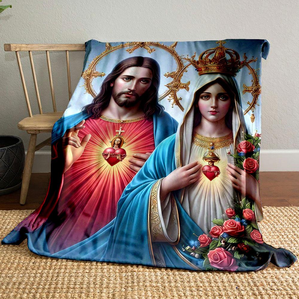 Sacred Heart Jesus Mary Blanket  Printed Blanket for Living Room Bed Couch Lunch Break Soft Cozy Blanket for Friend's Festival Gift
