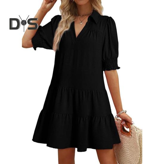 Women's Summer Swing Dress V Neck Short Sleeve Pleated Midi Dress with Lapel Collar Casual Beach Flowy A-Line Sundress