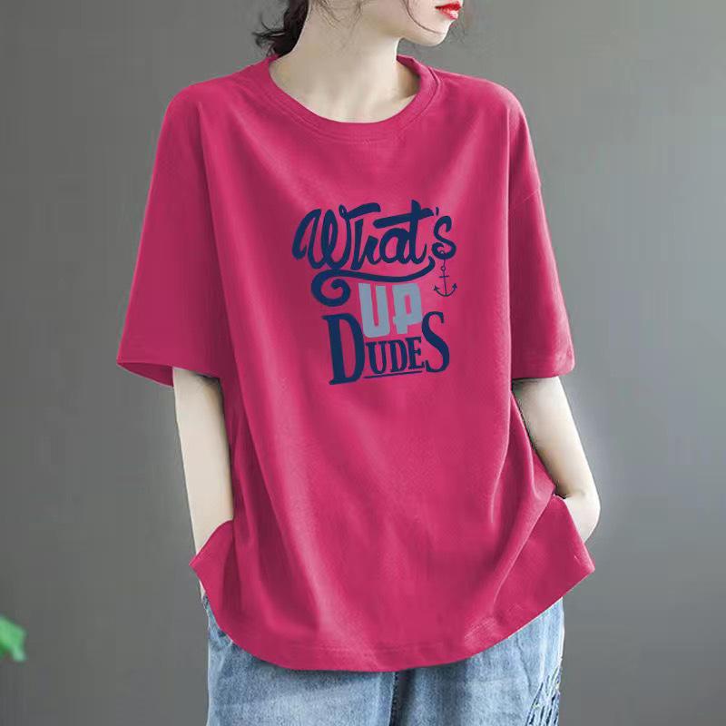 

Женская футболка свободного кроя с коротким рукавом из хлопка с принтом 2025 года — стильный и универсальный повседневный топ M (100-120 jin)