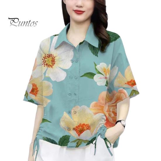 

Женская летняя повседневная рубашка с лацканами и коротким рукавом с цветочным узором, двубортная рубашка с боковым шнурком, свободная рубашка, топы L небесно-голубой