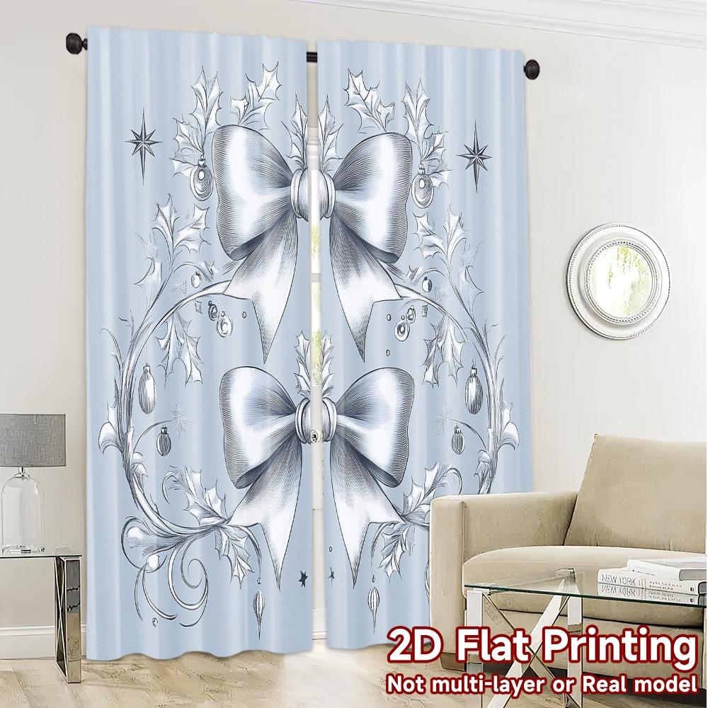 Set Of 2 Modern Curtains Christmas Bow Holly Ornaments Print Polyester Easy Install Decorations Outdoor Ldeal Curtain