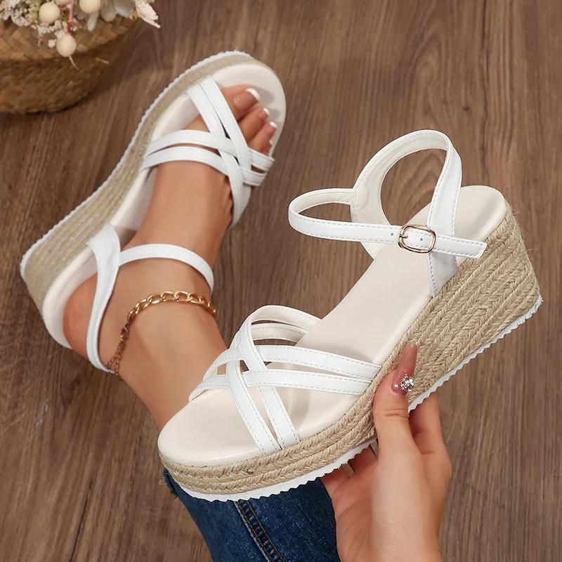 Mode Sommer Bequeme Keilabsatz Verstellbarer Riemen Damen Sandalen Böhmisch Lässige Strandsandalen für Frau Quadratischer Absatz Damen Sandalen