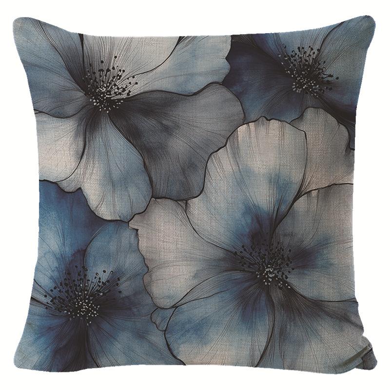 Blue Ink-wash Floral Linen Pillowcase for Living Room Sofa Decoration, Pillow Cover with Label