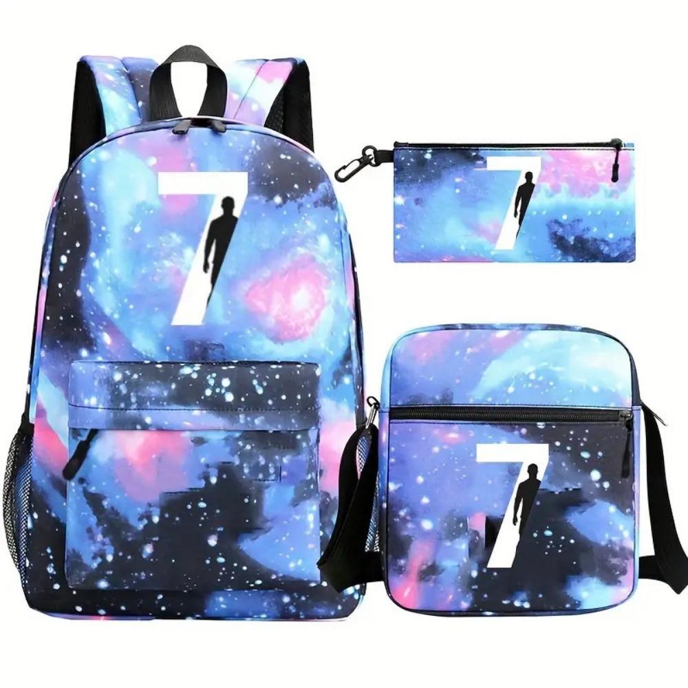 CR7C Luo Backpack Sports Peripheral Printed Backpack Children's Student School Bag Shoulder Bag Pencil Bag Three-piece Set