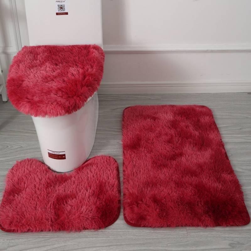 Non Dye Tie Slip Mat Fluffy Plush Bathroom Toilet Seat Cover Carpet 3 Piece Set