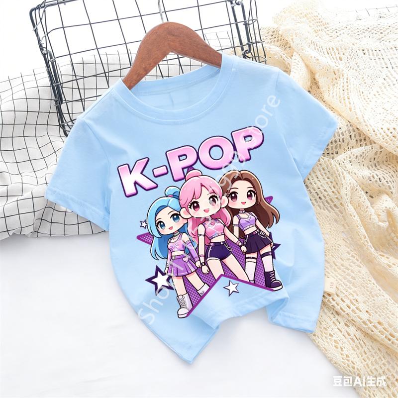 Girls KPOP Idol Group Print Short Sleeve Boys and Girls TShirt Cute Cartoon Graphic Tee Kids Summer Casual Top