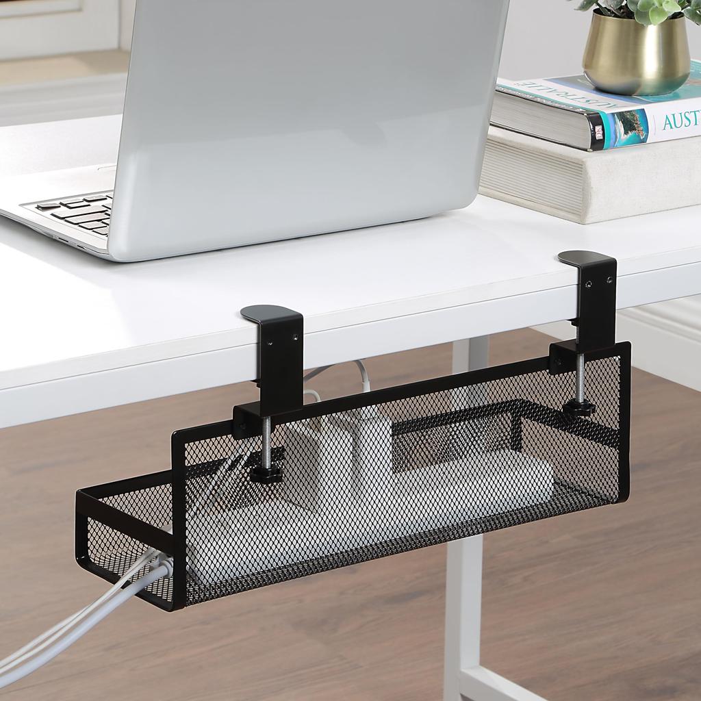 Sunny Point Under Desk Cable Management Tray 40cm Steel Wire Cord Organizer No Drilling Fits 1-5cm Table Power Strip Router Storage Black