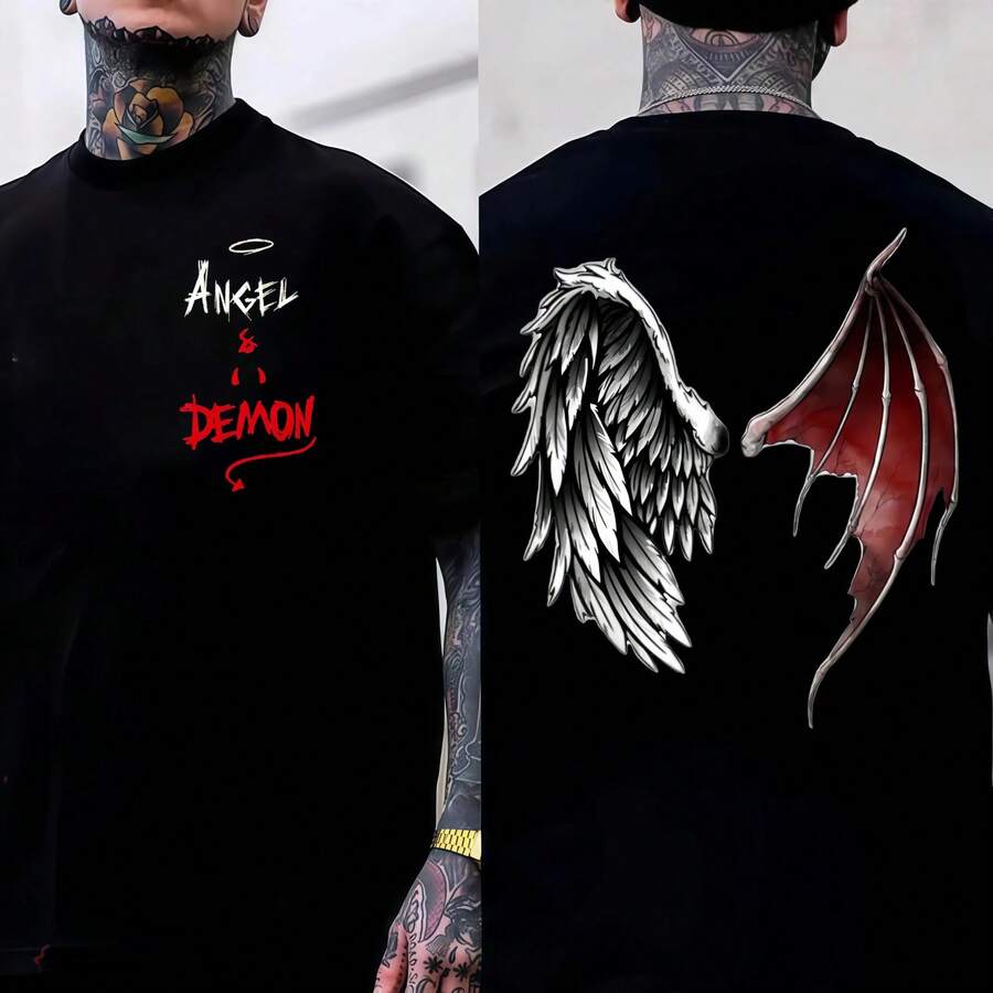 

Angel Demon Wings Tee Cotton Double-Sided Printed Black Dark Street Style Unisex Loose Fit Y2K Vibe Casual Outfit S разноцветный