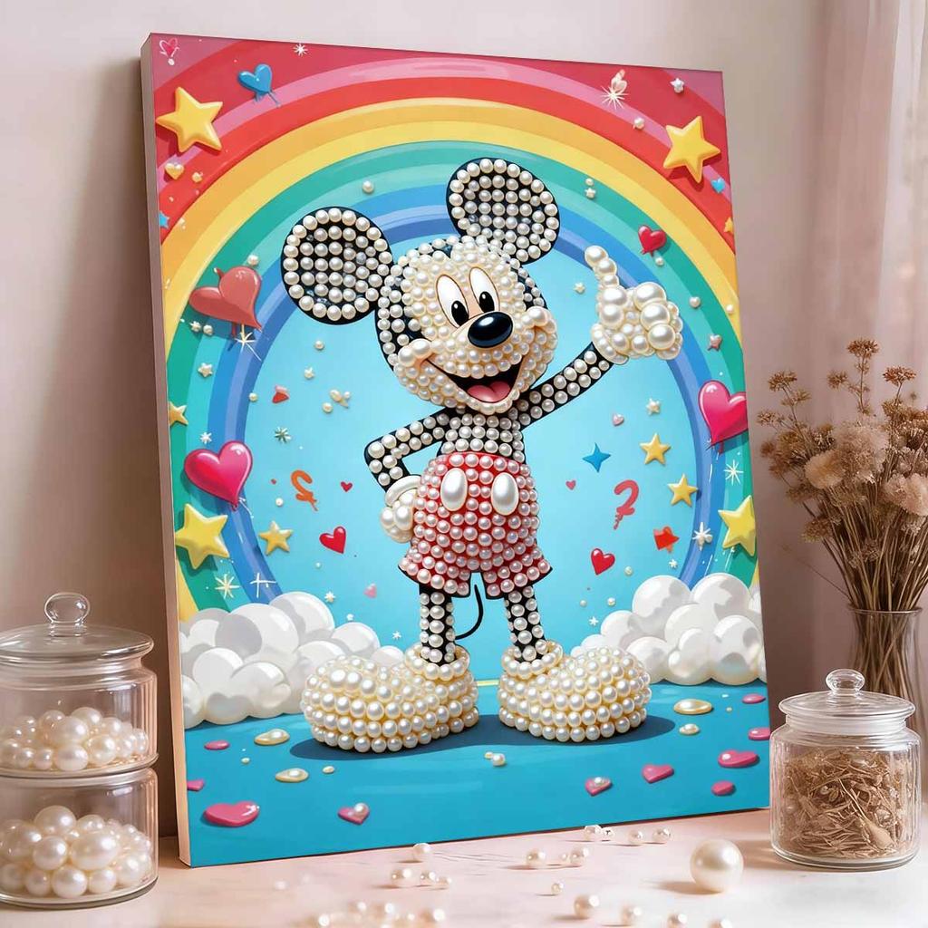 Rainbow Heart Mickey Pearl-Inlaid Frameless Art | Handmade Pearl Craft, Rainbow Cloud Theme, for Playful Home Decor & Great Gift Choice