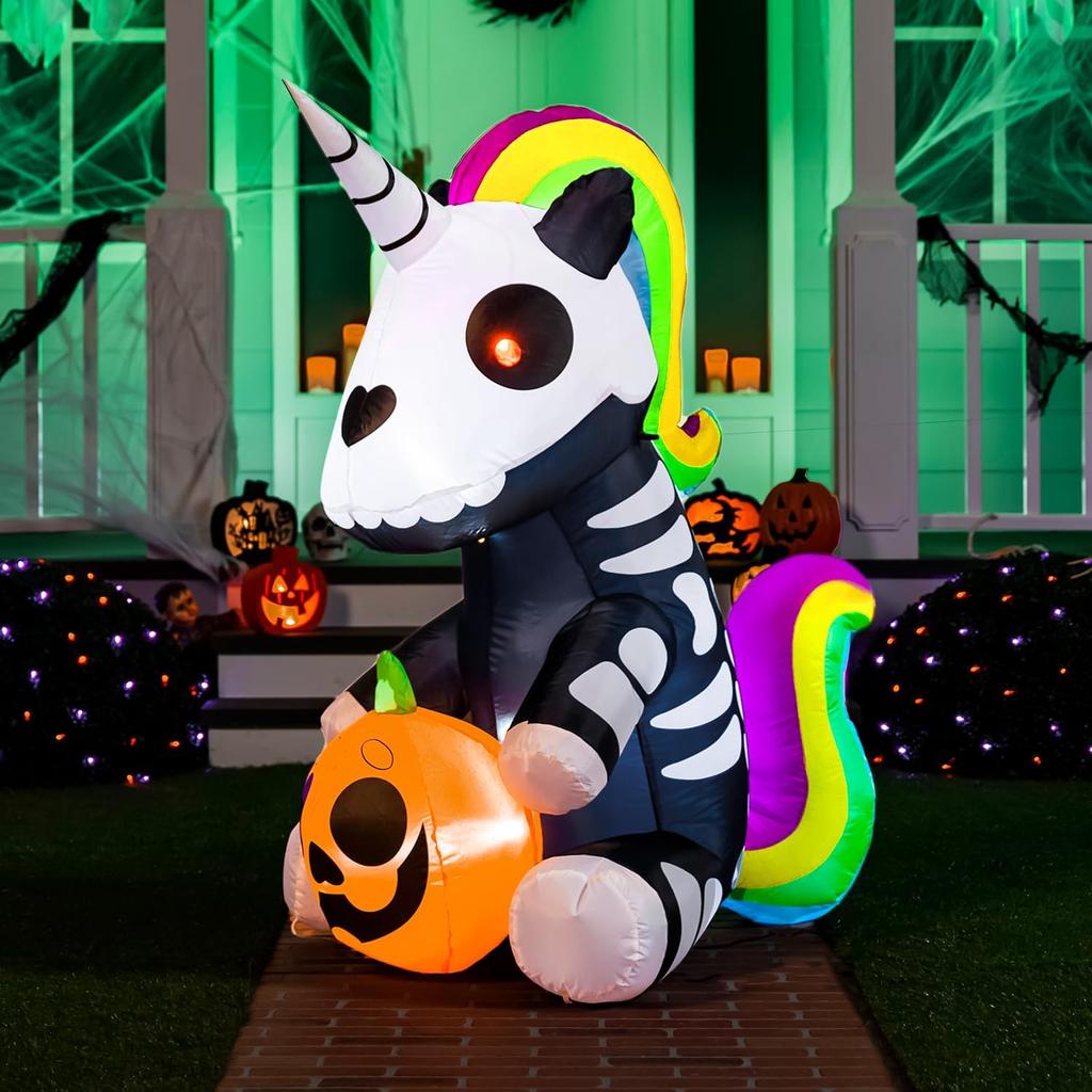 Joyfy 5 FT Pumpkin Skeleton Wiener Dog Halloween Inflatables Light Up Halloween Inflatables Outdoor Halloween Yard Decorations