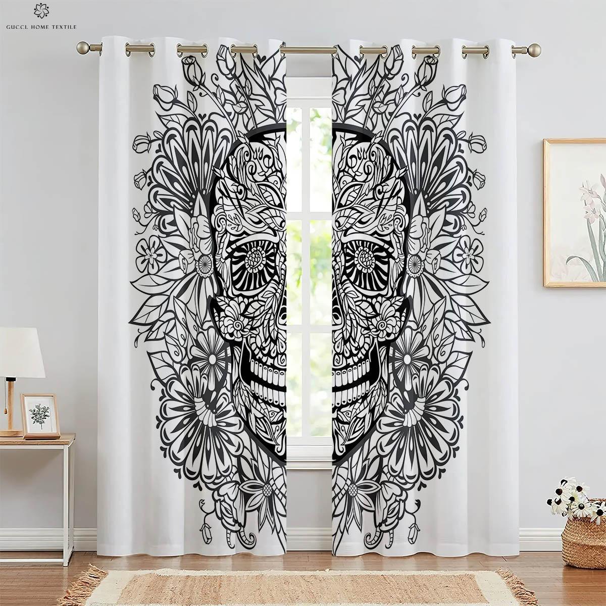 

3D-печатные шторы на Хэллоуин, ужасный череп, цветочное оформление окна, спальня, гостиная, ресторан, 2 предмета W50xH130(CM)x2PCS&Grommet Top