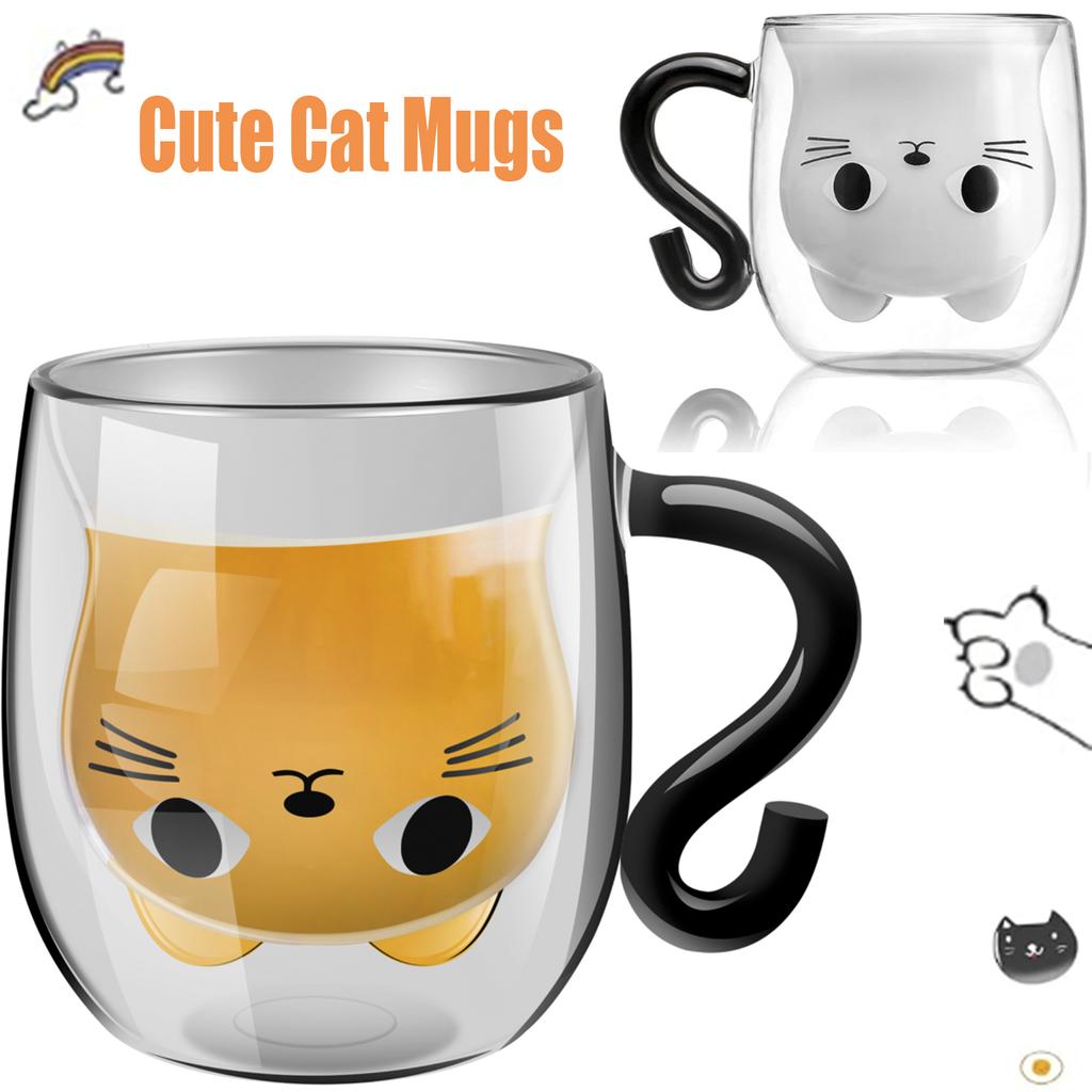 Cute Cat Mug Glass Coffee Cup Double Walled Water Mug Teacup Latte Glass Cup Milk Tea Cup Birthday Christmas Children's Day Gift