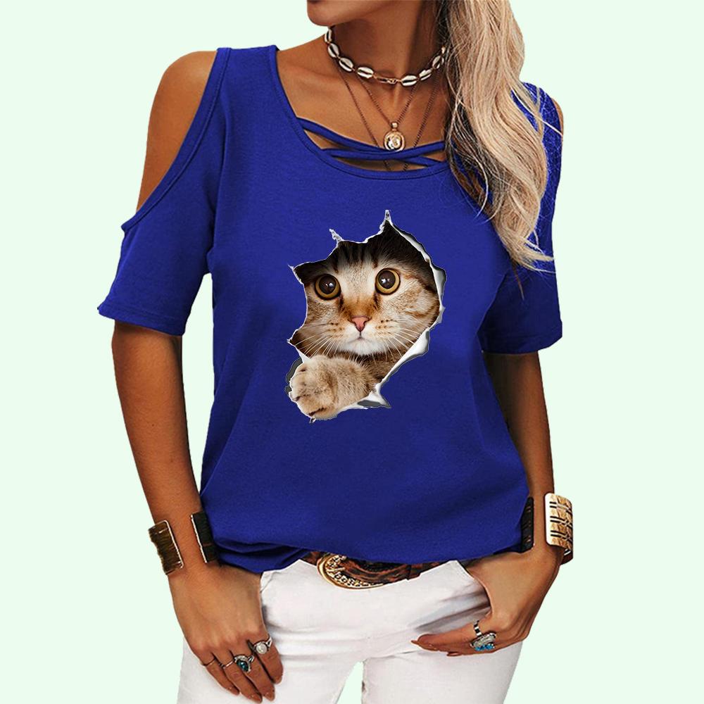 Frauen Mode Off Schulter T-shirt Sommer Casual Kurzarm T-shirt O Neck Cat Print Top Pullover Damen T-shirt