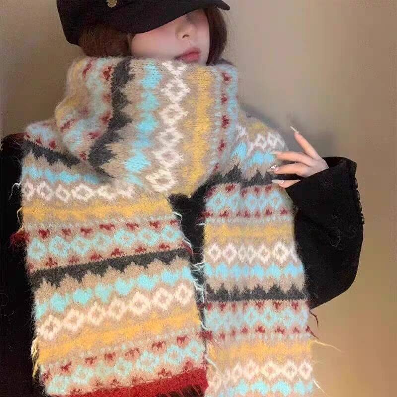 Fair Island Thickened Scarf Wind Vintage Wool Tide Mohair Knitted Warm Scarf Women's Winter Premium