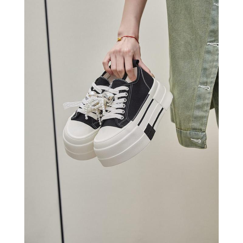 Canvas Shoes Women's Platform Muffin Shoes Summer New Versatile Round Head Lace-up Casual Shoes Breathable Single Shoes