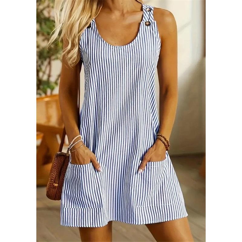 Women Striped Sleeveless Mini Dress U Neck Pocket Loose Casual Sundress