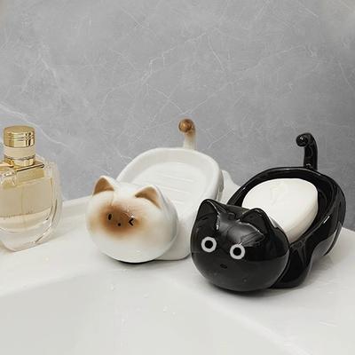 Siamese Cat Ceramic Soap Box, Simplicity, Household Creative, Cute Cartoon, Perforation-Free, Small Art Drain Dish