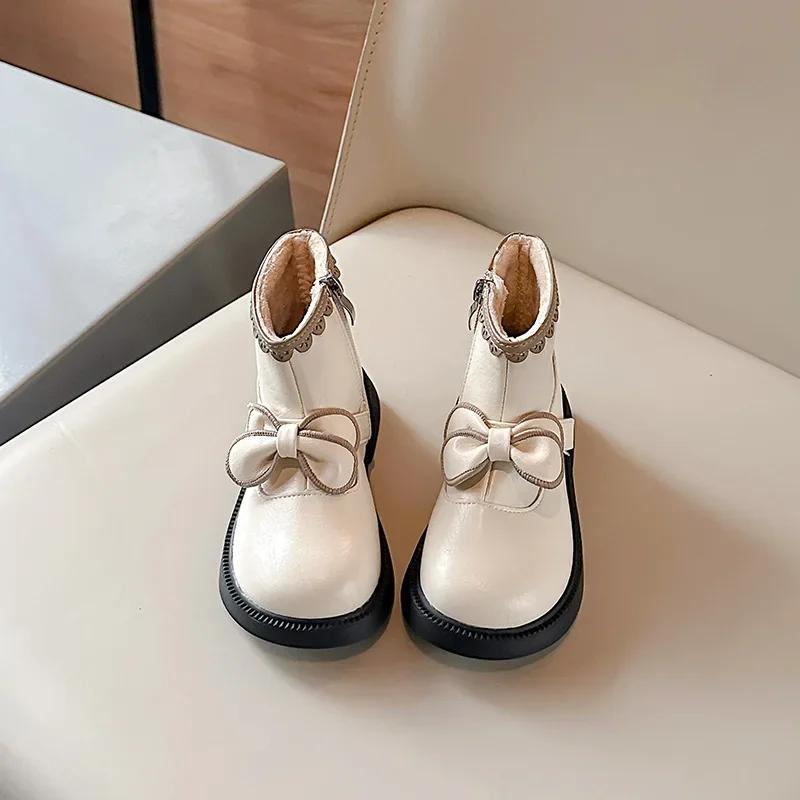 Winter Girls Princess Boots Fashion Bowknot Ankle Versatile Children's Boot Warm Non-slip Kids Causal Cotton Boots Side Zipper
