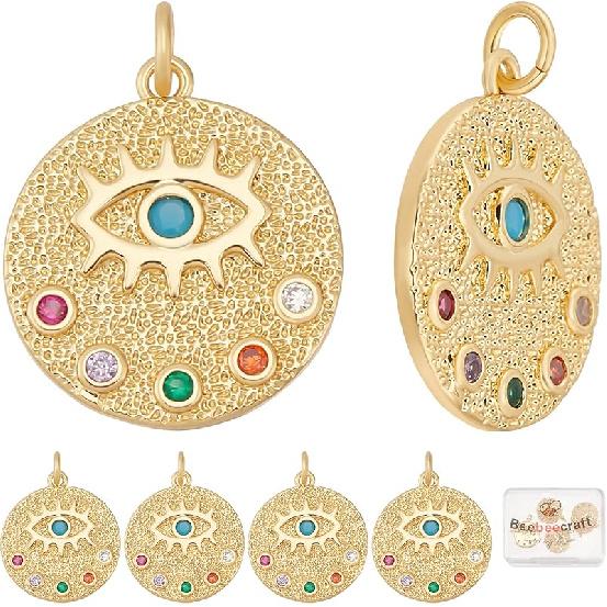 Beebeecraft 8Pcs 2 Colors Evil Eye Charms 18K Gold & Platinum Plated Blue Cubic Zirconia Turkish Evil Eye Crystal Beads for DIY Jewelry Making Round With Eye Pendant