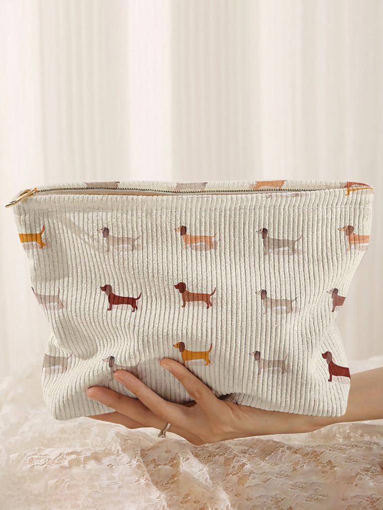 Dachshund patterned corduroy makeup bag, lightweight zipper pouch, multifunctional lined bag for cosmetics