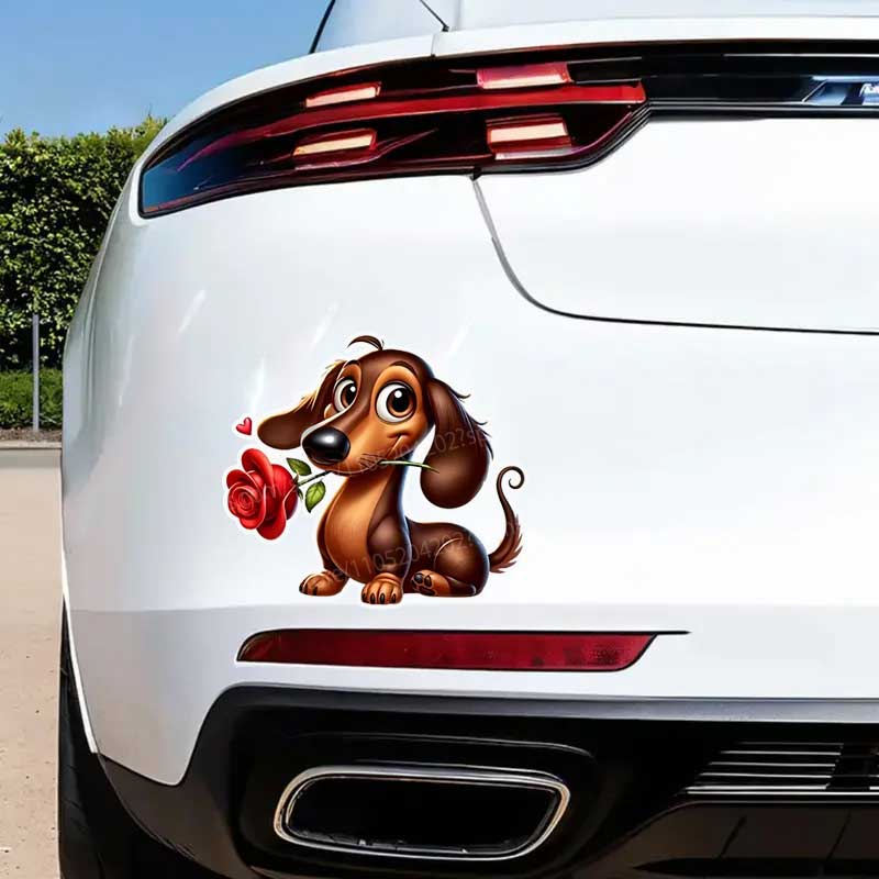 Cute Dachshund Red Rose Vinyl Sticker Waterproof Scratch-Resistant Decal for Car Motorcycle Truck Notebook Computer Q115