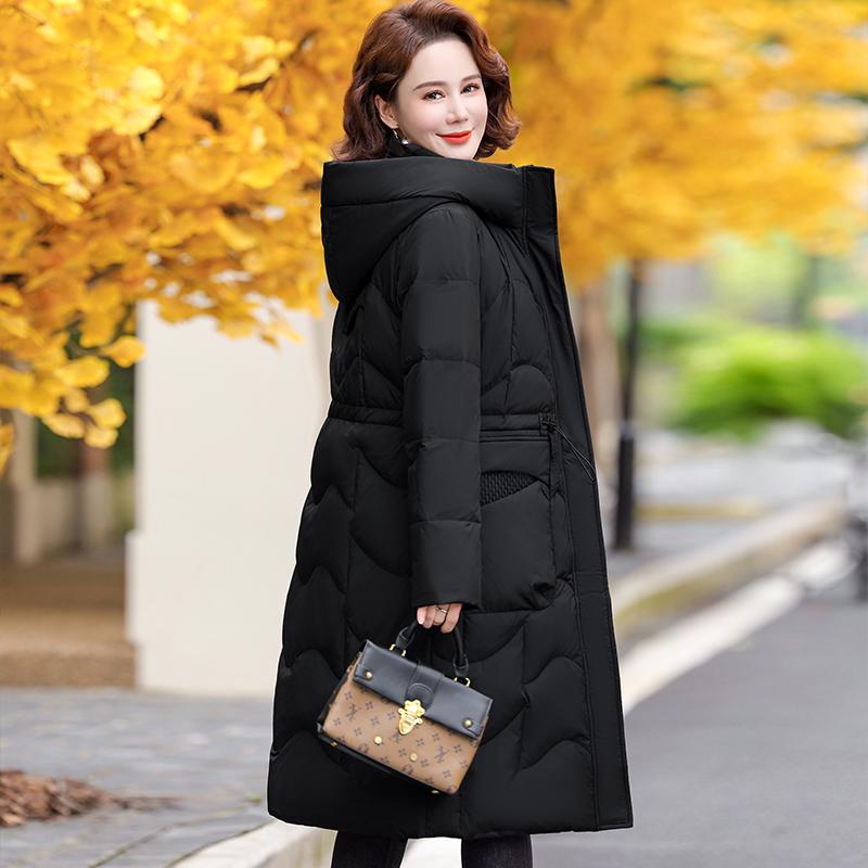 

Женский пуховик средней длины с капюшоном из натурального пуха, приталенный дизайн выше колена, 90% белого утиного пуха для женщин среднего и пожилого возраста XL (suggested 90-105 jin) чёрный