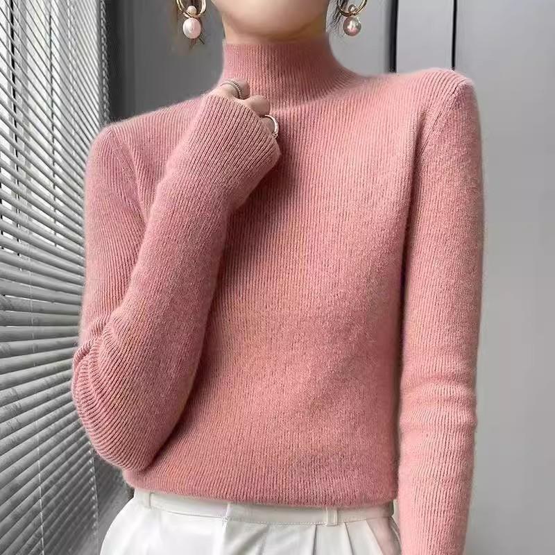 Women's Autumn Winter Solid Color Base Layer Korean Style Long Sleeve Pullover Knit Top Half-High Neck Slim-Fit Slimming Inner Wear Sweater