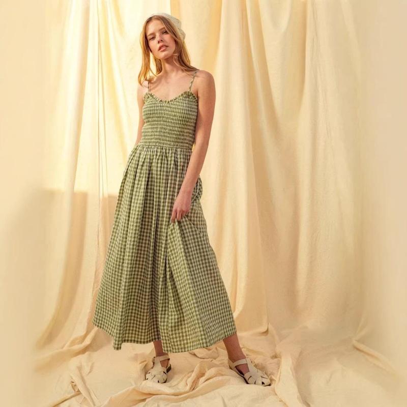 Women's Spaghetti Strap Sleeveless Gingham Print A Line Mid Waist Vintage Maxi Dress Sundress