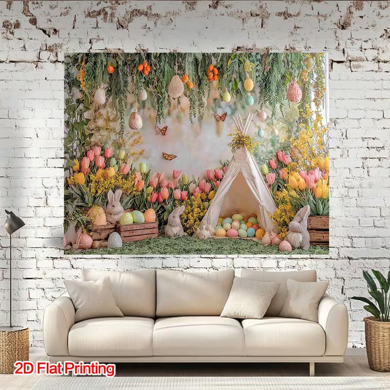2D Easter Bunny Tapestry, Spring Garden with Colorful Eggs Backdrop