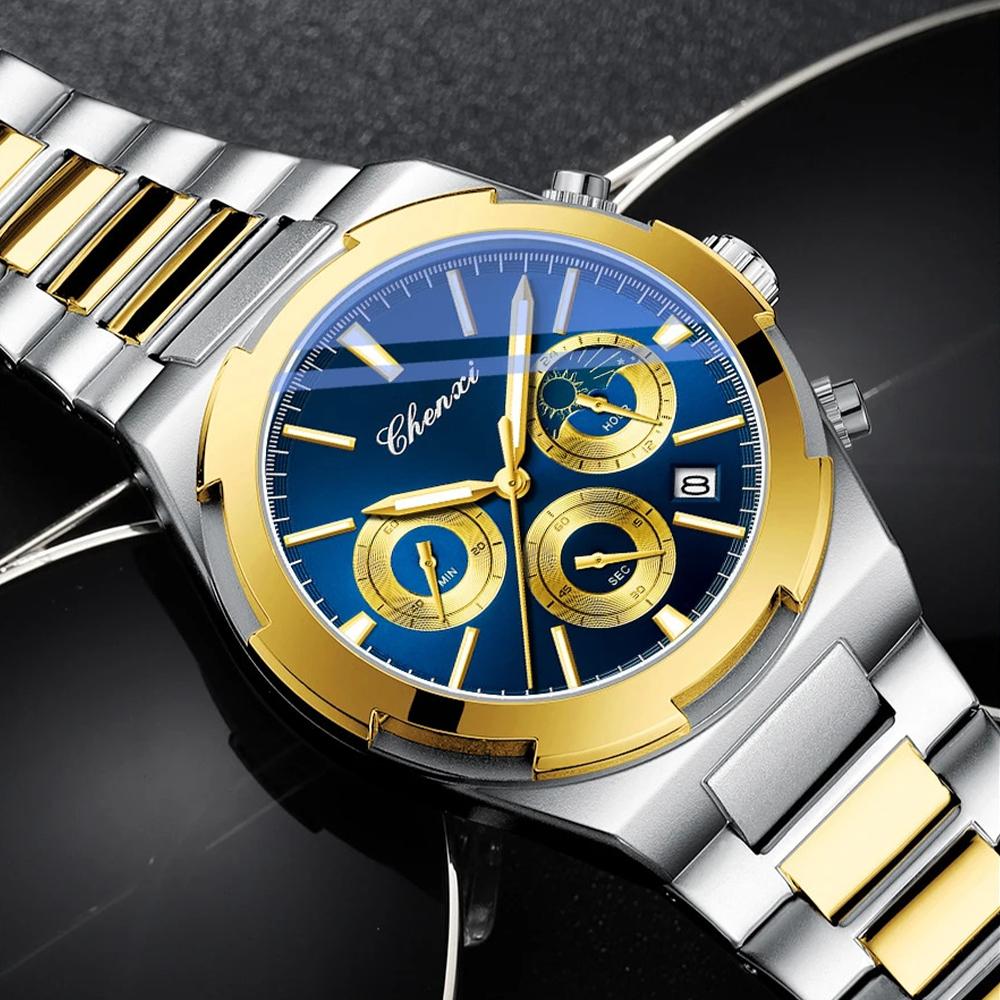Temperament Men Luxury Fashion Design Gold Men Watches Multifunction Luminous Quartz Male WristWatch Relogio Masculino