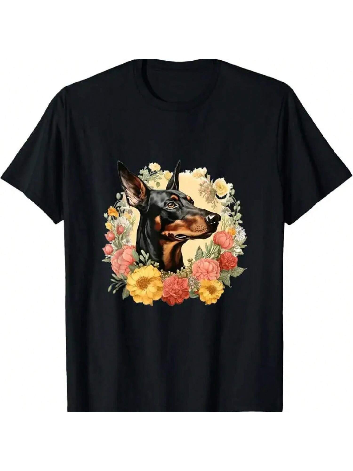 Doberman Pinscher Dog With Flowers Vintage Floral Border T Shirt S разноцветный