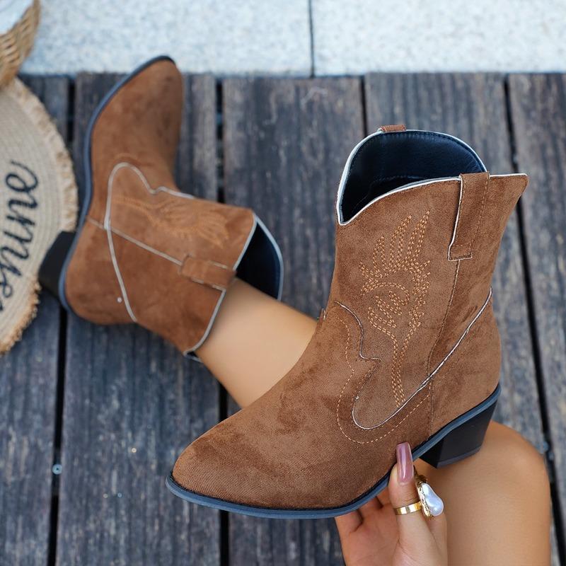 2025 Fashion Solid Color Women's Mid Top Boots Mid Heel Boots Embroidered Western Cowboy Boots Classic Women Low Heels Shoes