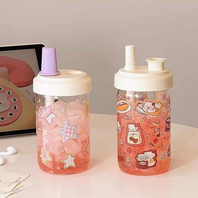 Kawaii Glass Water Bottle For Girls With Straw New Bubble Juice Milk Tea Cup Student Heat-resistant Glass Drinking Bottle 500ML