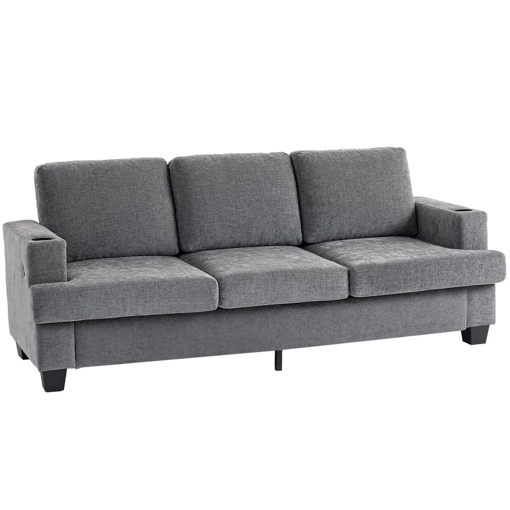 3 Seater Sofa with USB Ports & Cup Holders - Grey