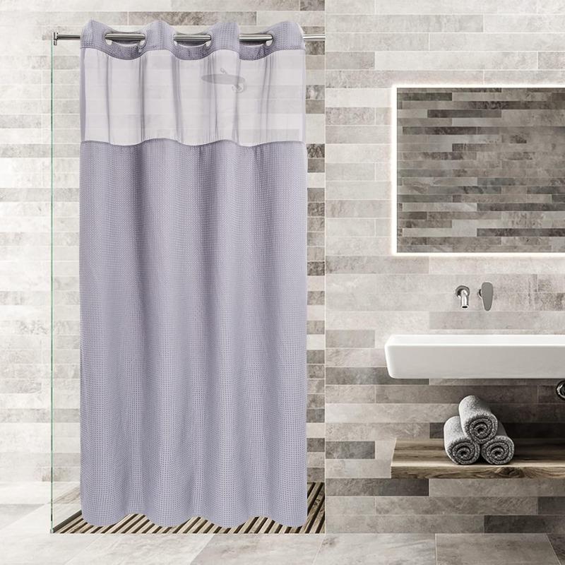 No Hooks Required Dotted Waffle Weave Shower Curtain with Snap In Liner - 71W X 74H,Hotel Grade,Spa Like Bath Curtain,Gray