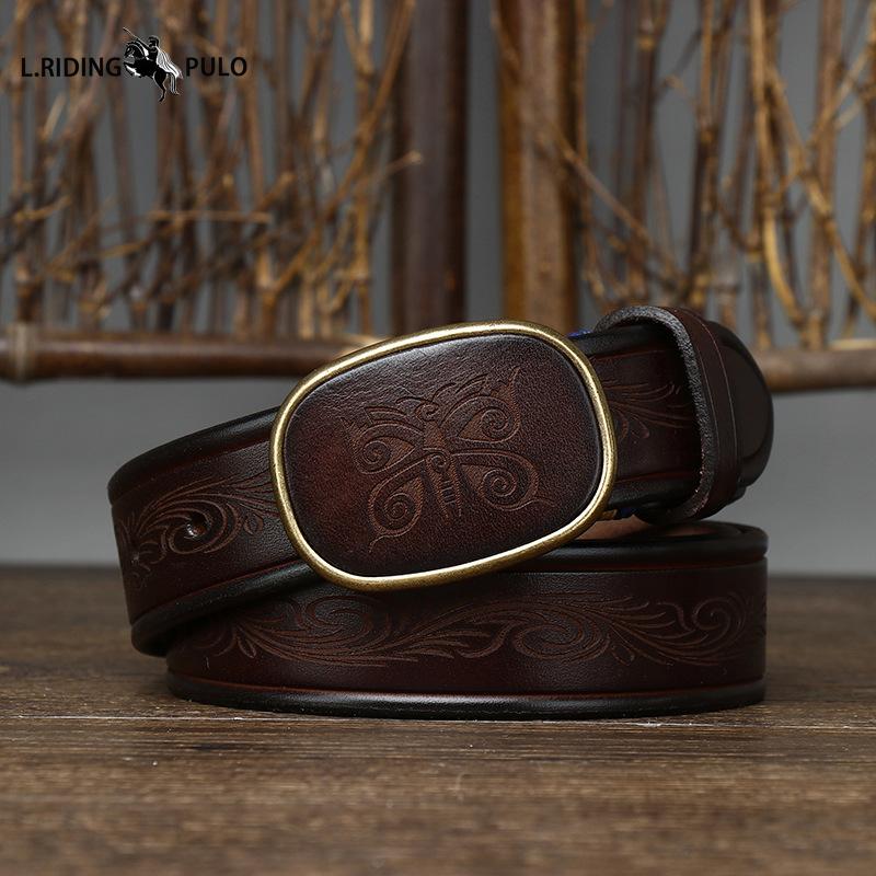 Retro All-match Laser Engraved Pattern Trendy Smooth Buckle Belt Men's Buckle Genuine Leather Casual Belt