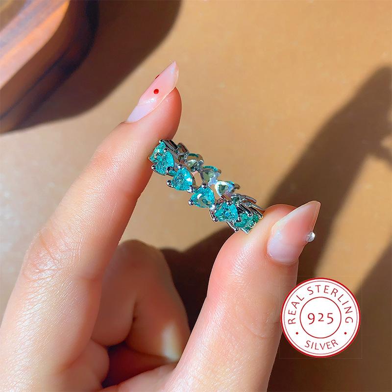 Luxury Emerald Paraiba Tourmaline Love Ring For Women  Silver Fashion Full Paved Heart CZ Eternity Jewelry Party Bridal Gift