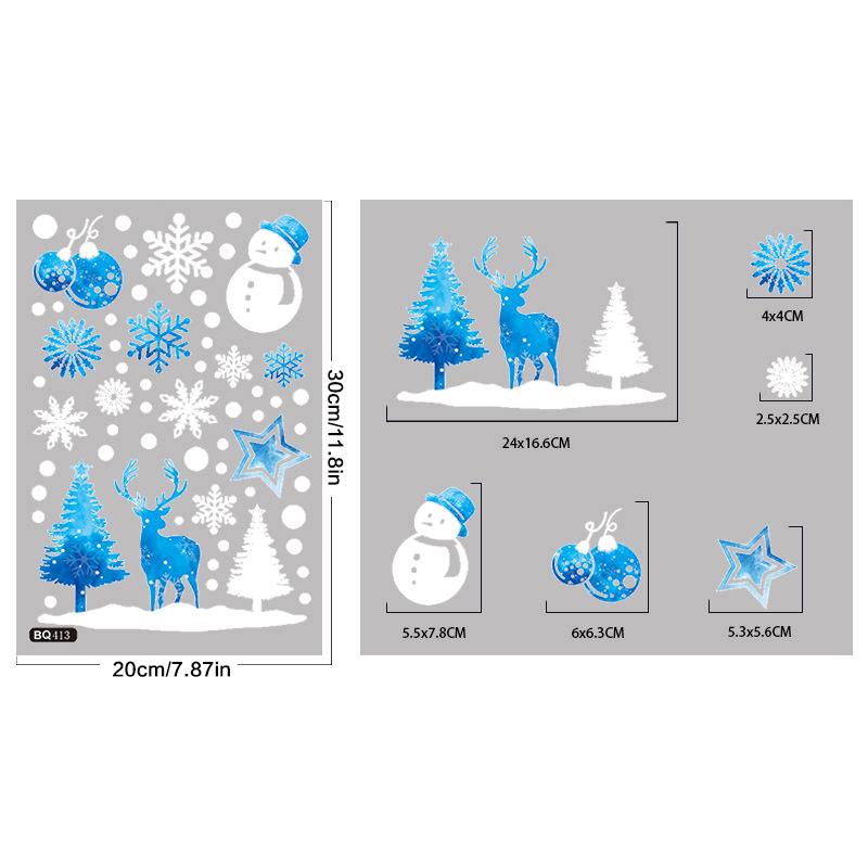Weihnachtsfensteraufkleber Blauer Elch Statische Aufkleber Schneemann Schneeflocke Wandaufkleber Abziehbilder Frohe Weihnachten Feiertagsparty Aufkleber