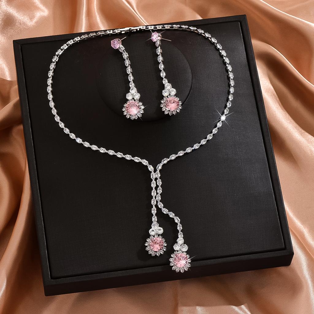 3PC Women's Fashion Zircon Series Pink Flower Necklace Earrings Zircon Set Suitable for Wedding, Party, Festival Gifts-8582