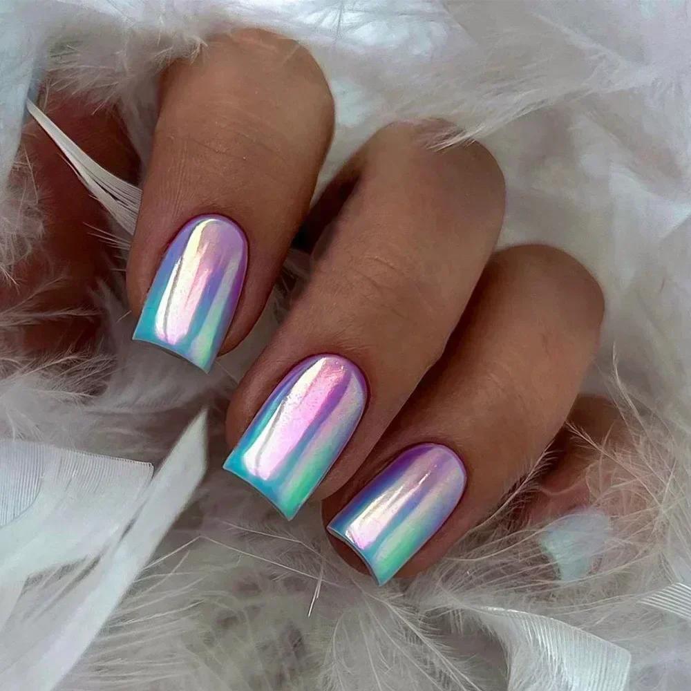 24Pcs Short Aurora Cat Eye French Tip Press On Nails Metallic Chrome Full Cover Fake Nail Tips