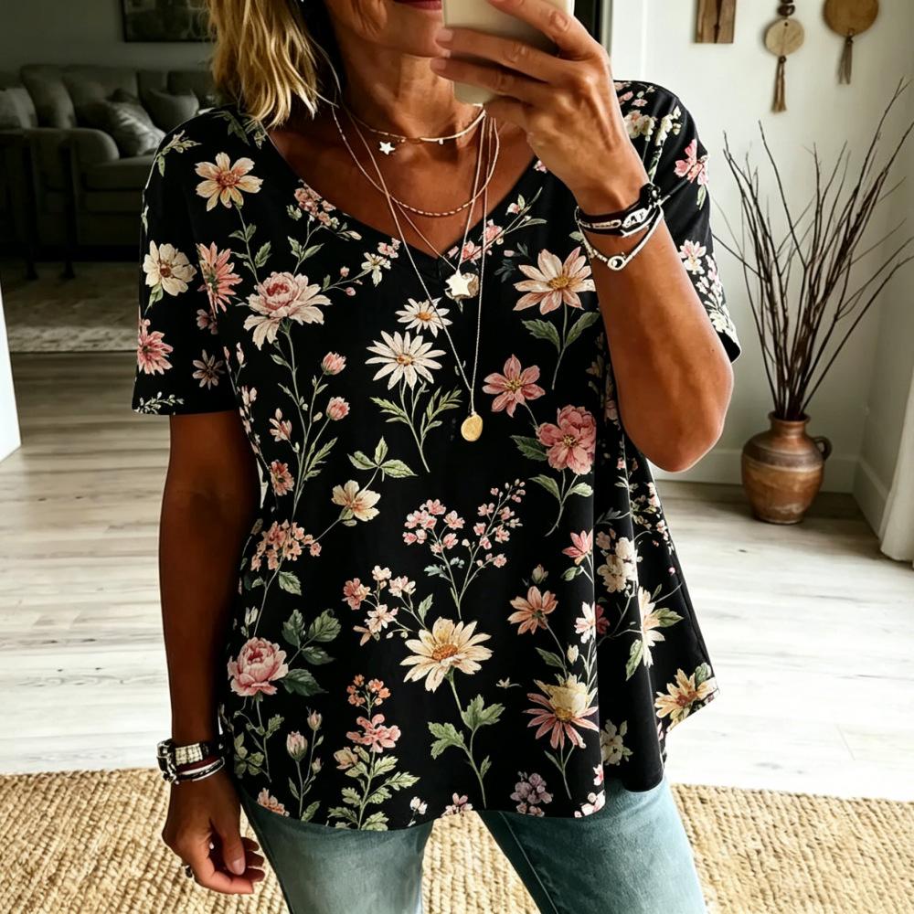 Women Boho Paisley Print Blouse V‑Neck Short Sleeve Ethnic Retro Loose Plus Size Casual Summer Tunic Top